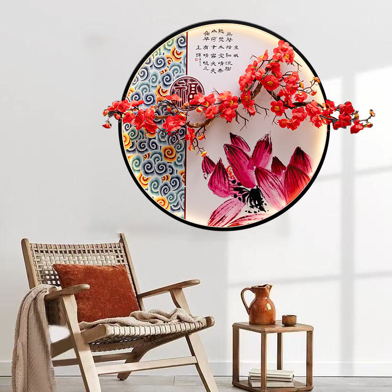 新中式圆形玄关装饰画带led亮灯发光壁画仿真梅客厅过道挂画葫芦,淘宝优惠券,粉丝福利购,淘宝优惠卷