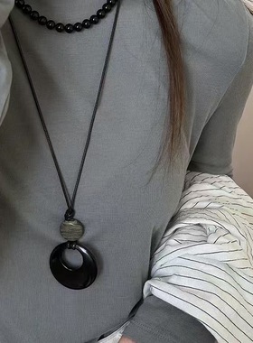 新中式圆环吊坠项链女轻奢高级感秋冬长款毛衣链复古简约百搭配