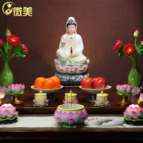 微美陶瓷 10至16寸水莲观音菩萨像家用供奉坐莲观音佛像神像摆件 - 图0