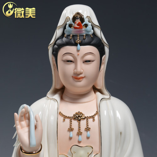 微美陶瓷 10至16寸水莲观音菩萨像家用供奉坐莲观音佛像神像摆件 - 图3
