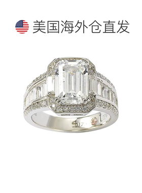 自营 Suzy Levian 纯银白色祖母绿切割立方氧化锆订婚戒指 - 白色