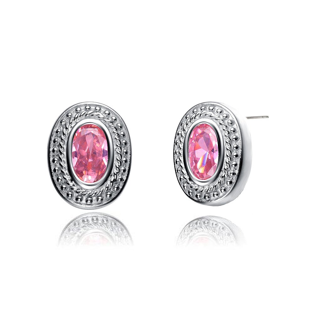 GENEVIVE Sterling Silver Pink Cubic Zirconia Oval Stud Earri - 图2