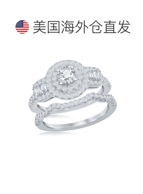 自营 simona 925 纯银圆形双光环长方形宝石 CZ 侧石订婚戒指套装