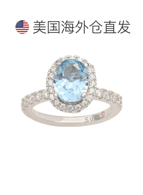 自营Suzy Levian 纯银椭圆水蓝色方晶锆石光环戒指 - 蓝色 美国奥