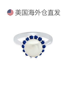 自营max + stone 9 毫米纯银养殖珍珠和人造蓝色蓝宝石戒指尺寸 7
