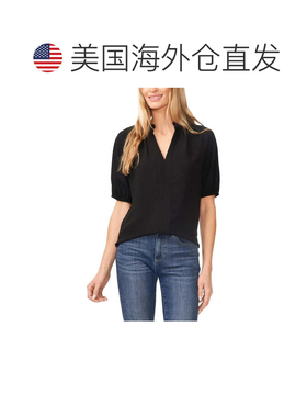 自营CeCe Top Women's Rich黑色荷叶边泡泡袖开叉领衬衫GBO2149-