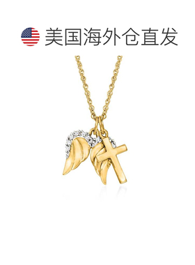 自营Ross-Simons 14 克拉黄金十字架和天使之翼吊坠项链带钻石口