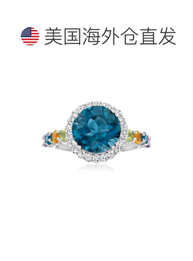 自营 925 纯银 Ross-Simons 伦敦蓝色托帕石和多宝石光环戒指 -