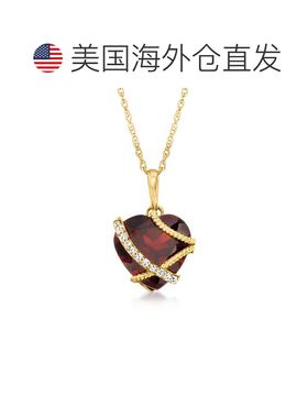 自营Ross-Simons 石榴石心形吊坠项链 14kt 黄金钻石点缀 - 20 英