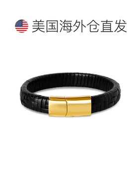 自营Bruno Magli Mens Classic Black Leather Bracelet, Gold -