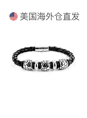 自营Crucible Los Angeles 不锈钢串珠黑色编织皮革手链（13 毫米