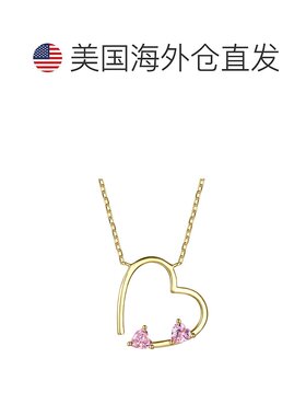 自营 genevive14k 镀金纯银带粉红色钻石方晶锆石开口心形分层项