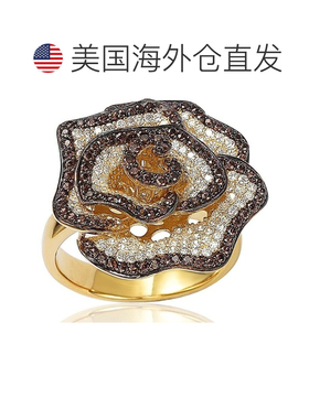 自营 Suzy Levian 金色纯银棕色和白色方晶锆石密钉花戒指 - 棕色