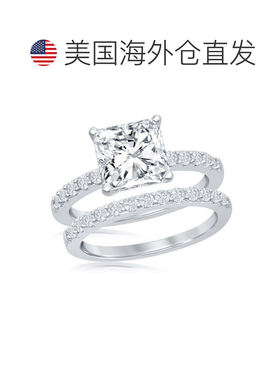 自营 simona 925 纯银公主方形切割半 CZ 带订婚戒指套装 银白色