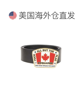 自营dsquared2加拿大国旗饰牌矩形带扣小牛皮腰带-黑色 美国奥莱