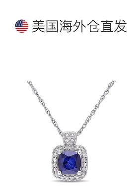 自营 mimi & max1/10 CT TW 光环钻石和垫形切割漫射蓝宝石吊坠配