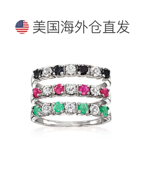 自营Ross-Simons 多宝石珠宝套装：3 枚 925 纯银戒指 - 绿色 美