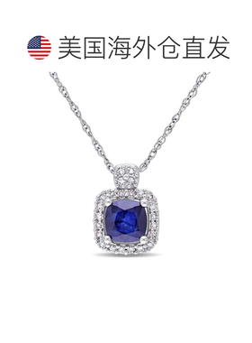 自营mimi & max1/10 CT TW 光环钻石和垫形切割漫射蓝宝石吊坠配