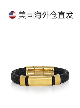 自营 Crucible 洛杉矶黑色皮革和不锈钢可雕刻 ID 手链 - 金色 美