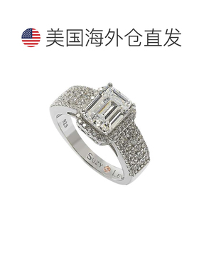 自营Suzy Levian 白色纯银祖母绿切割白色立方氧化锆光环戒指 -