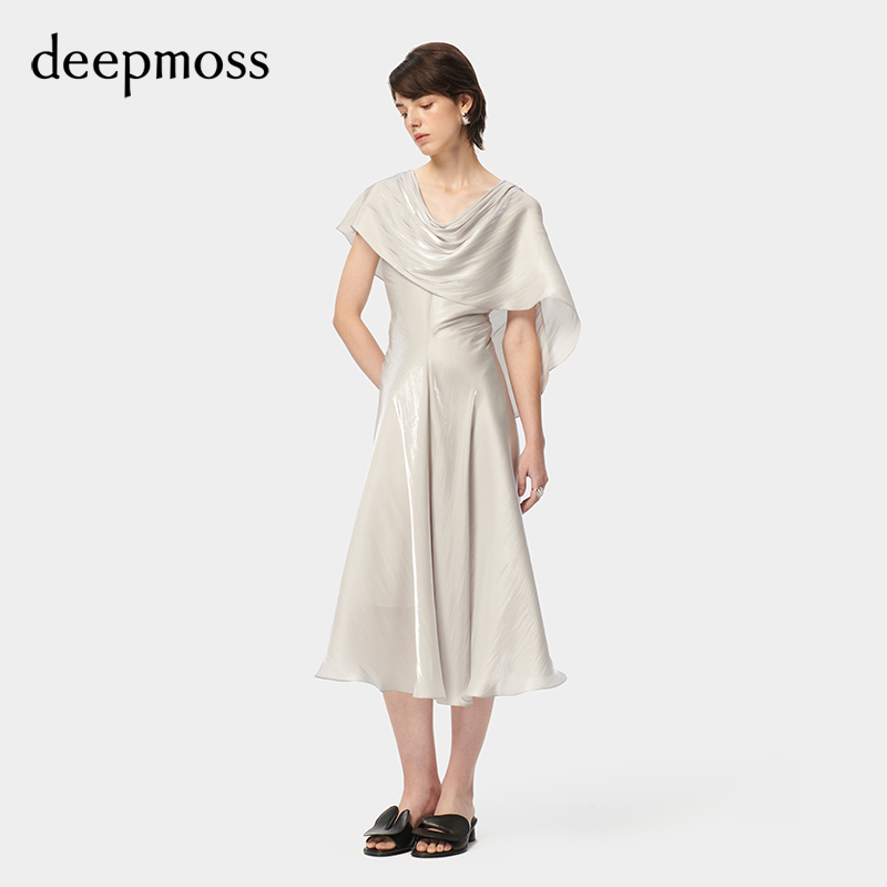 【deepmoss】2024春夏新款女装时尚休闲优雅水泽垂荡领裹肩连衣裙 - 图1