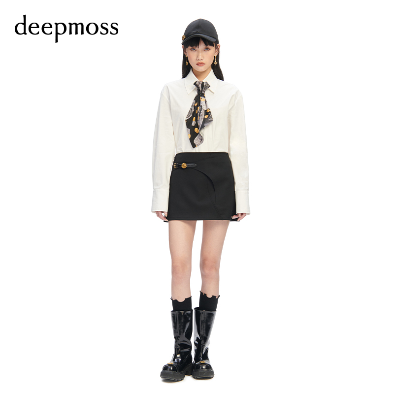 【deepmoss】春夏女装时尚复古潮流雾黑船帆金币表带羊毛短半身裙 - 图2