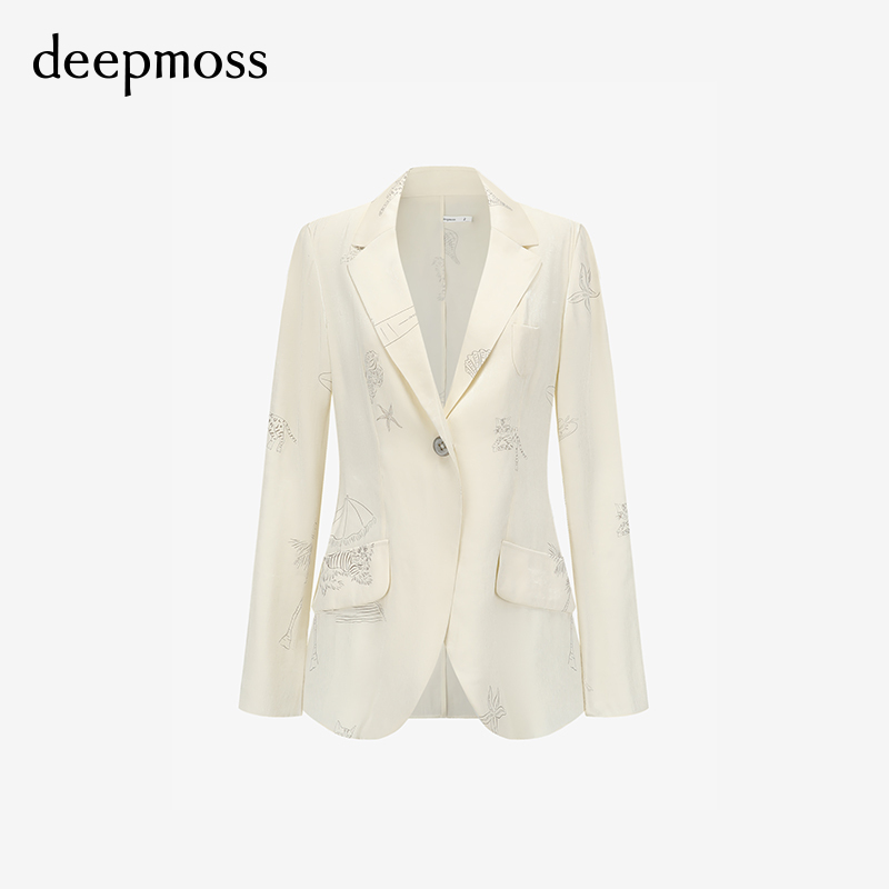 【deepmoss】春夏复古潮流女士海洋沙滩印花棉感水泽西装外套上衣 - 图3