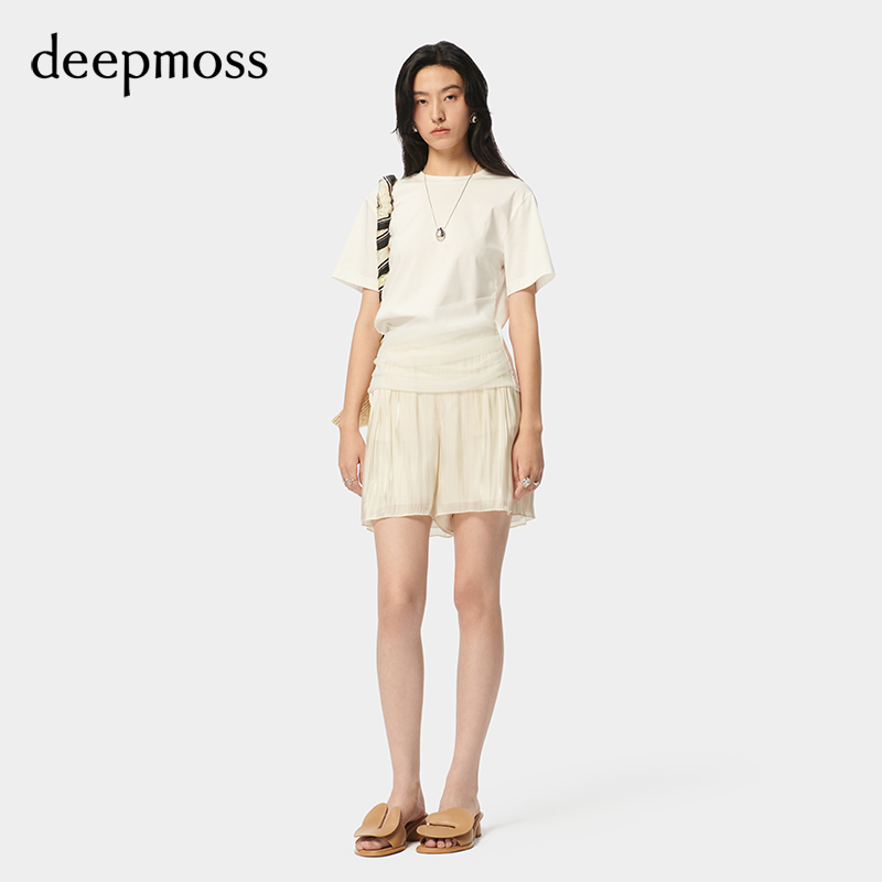 【deepmoss】2024春夏新款女装时尚休闲气质网纱拼接荡褶短袖T恤 - 图0