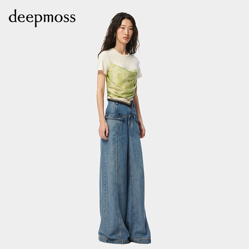 【deepmoss】2024春夏新款女时尚休闲水拓印丝巾褶皱拼接短袖T恤 - 图1