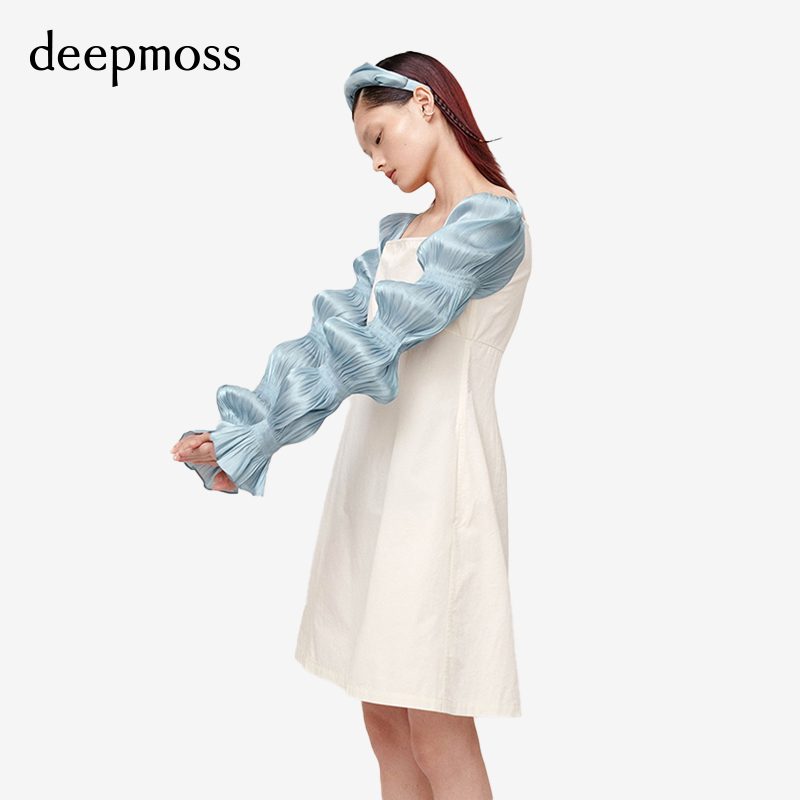 【deepmoss】水泽袖泡泡袖法式方领连衣裙直筒收腰修身女 - 图1