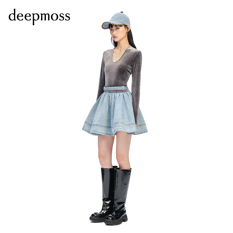 【deepmoss】春夏时尚复古潮流拼接牛仔芭蕾舞裙A字裙女连衣裙 - 图1