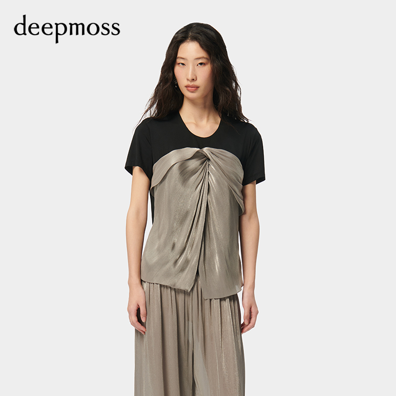 【deepmoss】2024春夏新款女装时尚休闲气质水泽扭褶拼接短袖上衣 - 图0