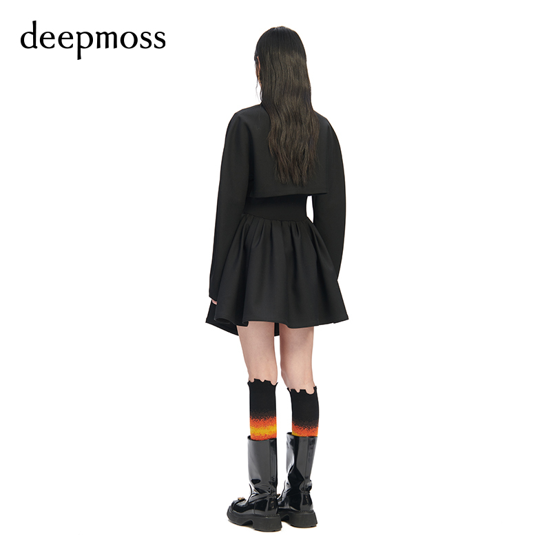 【deepmoss】春夏女装时尚复古潮流曜石黑两件式夹克收腰连衣裙 - 图1
