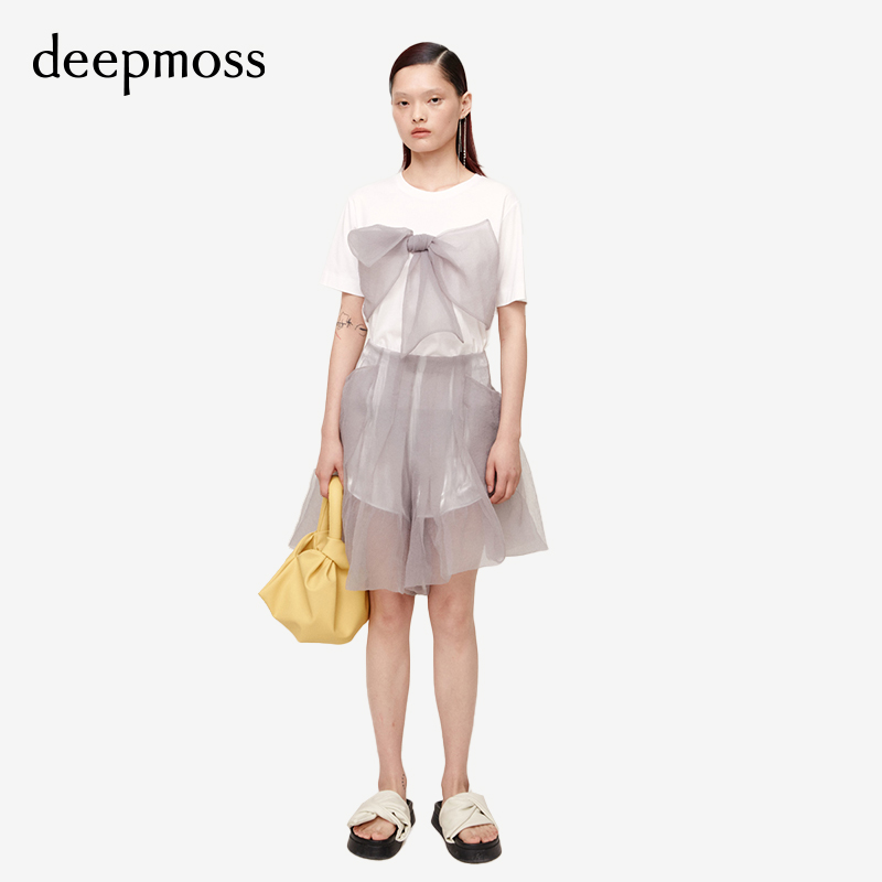 【deepmoss】 潮流通勤百搭上衣女拼接欧根纱花结圆领短袖T恤 - 图0