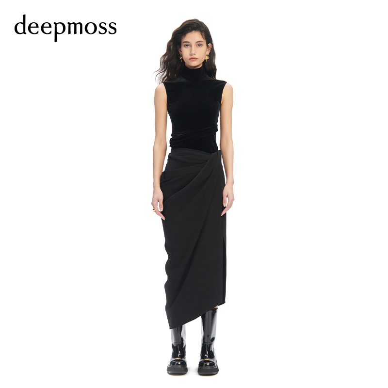 【deepmoss】春夏女装时尚复古潮流设计感雾黑斜襟垂褶裹身半身裙 - 图0