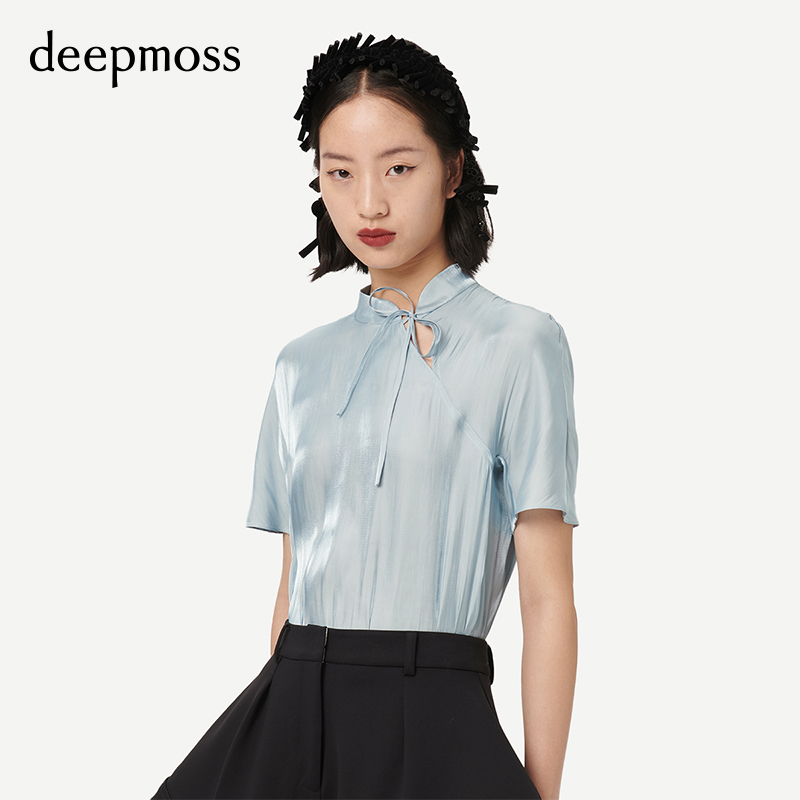 【deepmoss】新款潮流时尚旗袍领上衣中式立领短袖通勤衬衫女 - 图1