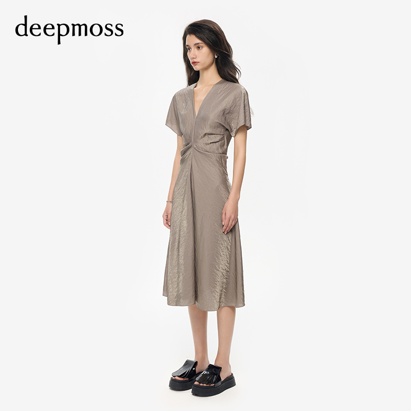 【deepmoss】气质女装复古潮流优雅棉感水泽褶涧收腰连衣裙A字裙 - 图2