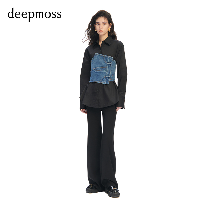 【deepmoss】春夏女装时尚复古潮流休闲牛仔束腰拼接长袖修身衬衫 - 图1