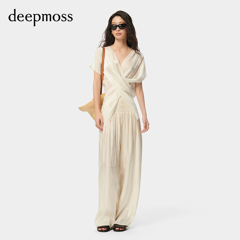 【deepmoss】2024春夏新款女装时尚休闲缎感水泽交叠褶涧上衣衬衫 - 图1