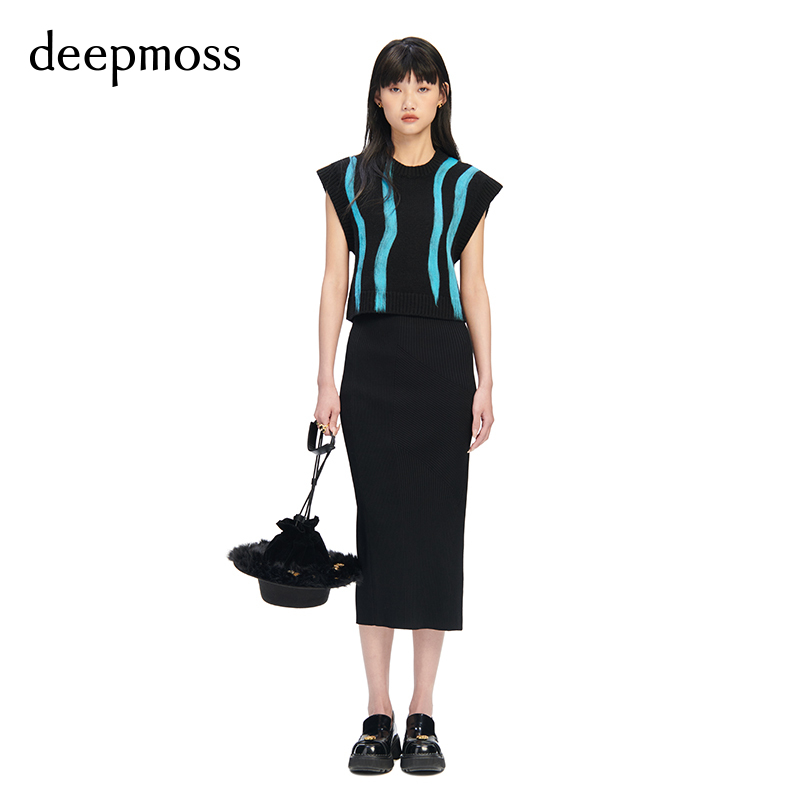 【deepmoss】春夏女装时尚复古潮流针织裹身包臀开叉半身裙小黑裙 - 图2