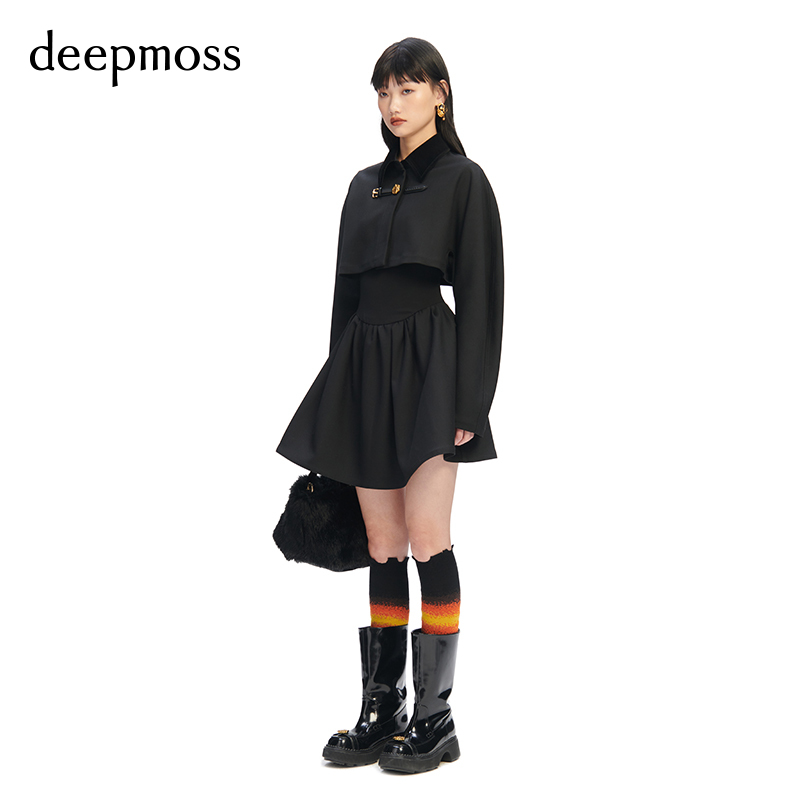 【deepmoss】春夏女装时尚复古潮流曜石黑两件式夹克收腰连衣裙 - 图0