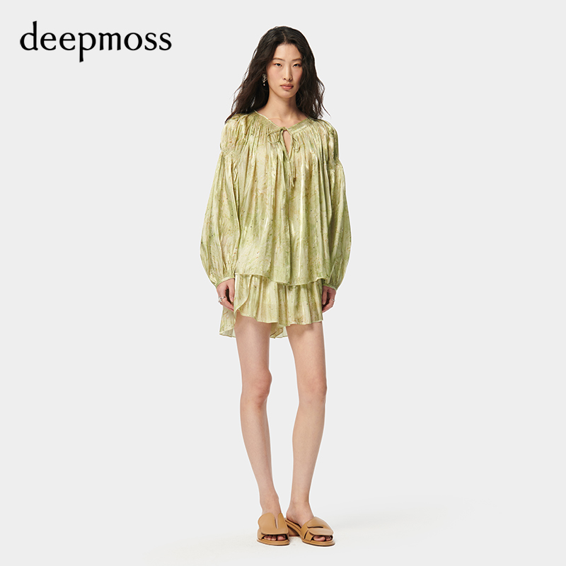 【deepmoss】2024春夏新款女装时尚休闲优雅水泽镂空系带长袖上衣 - 图0