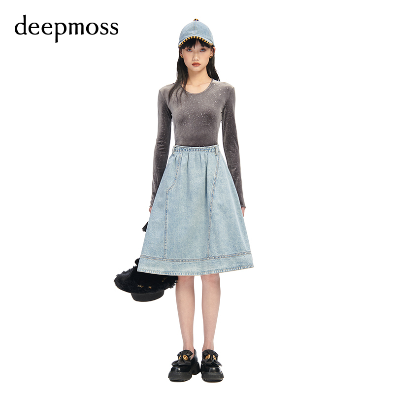 【deepmoss】春夏女装时尚复古潮流休闲拼接牛仔拼色连衣裙A字裙 - 图0