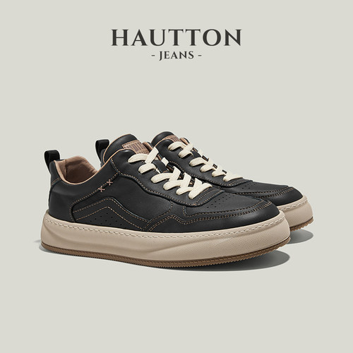 HauttonJeans男鞋2026夏季新款黑色男士休闲皮鞋厚底真皮板鞋男款 - 图2