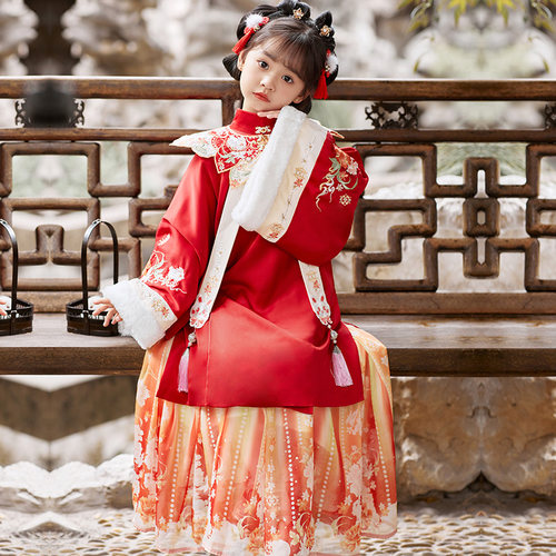 拜年服女童汉服2024新款加绒明制童装女宝云肩儿童唐装小女孩冬款 - 图1