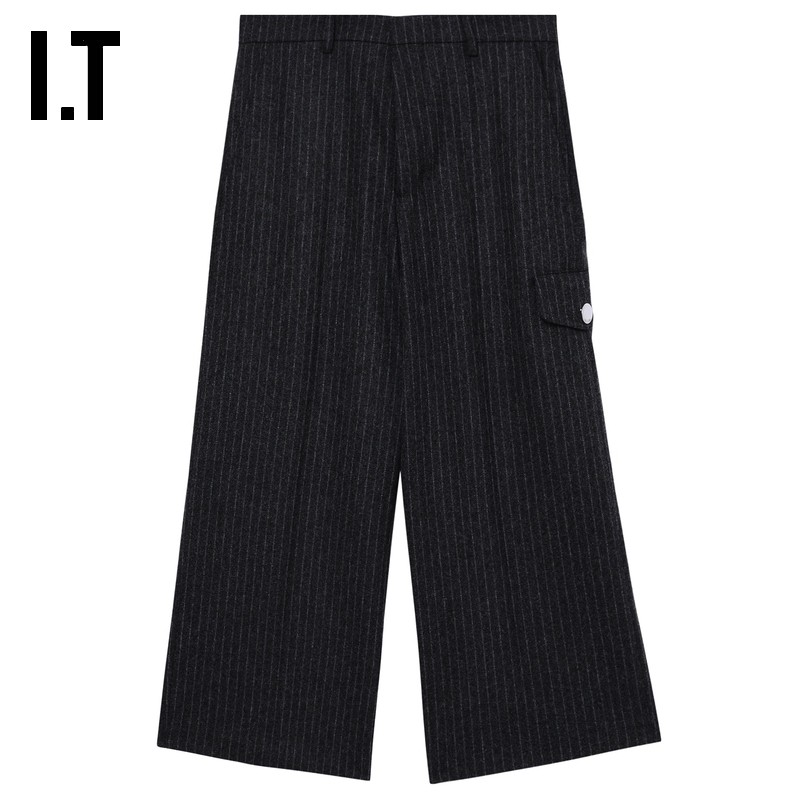 IT AMI男装条纹毛呢七分裤新款复古质感宽松呢子直筒裤O40048MN,淘宝优惠券,粉丝福利购,淘宝优惠卷