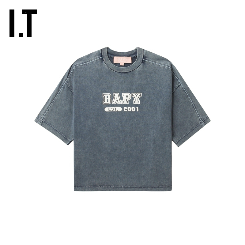 IT BAPY女装磨白做旧短袖T恤新款随性复古短款圆领半袖TE1244AO - 图1