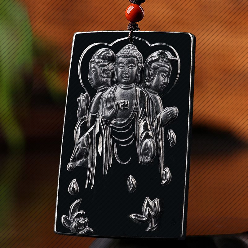 天然a货翡翠墨玉西方三圣佛吊坠墨翠冰种玉石挂件四会玉器批发 - 图2