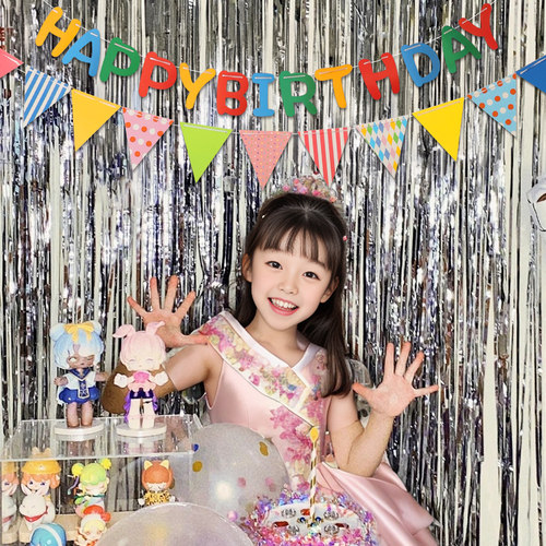 镭射雨丝帘生日场景布置装饰氛围节庆道具背景墙布流苏男女孩派对 - 图0