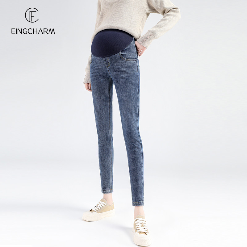 孕妇外穿秋冬加绒显瘦九分牛仔裤 茵魅孕妇铅笔裤